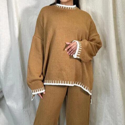 Product Introduction of Women's Stitched Knitted Jumper Top Wide Leg Trousers 2PCS Co ord Loungewear Set Long Sleeve Winter Basic Comfort Womenswear Casual Comfortable Coord Fit Overalls 12