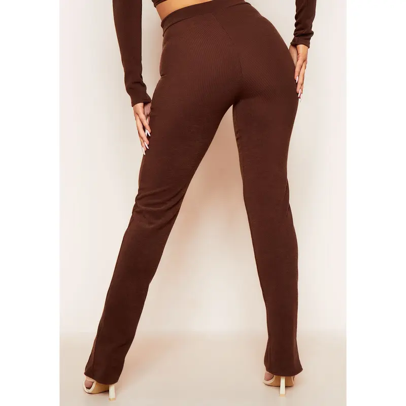 Jaz Chocolate Ribbed Split Front Leggings 3