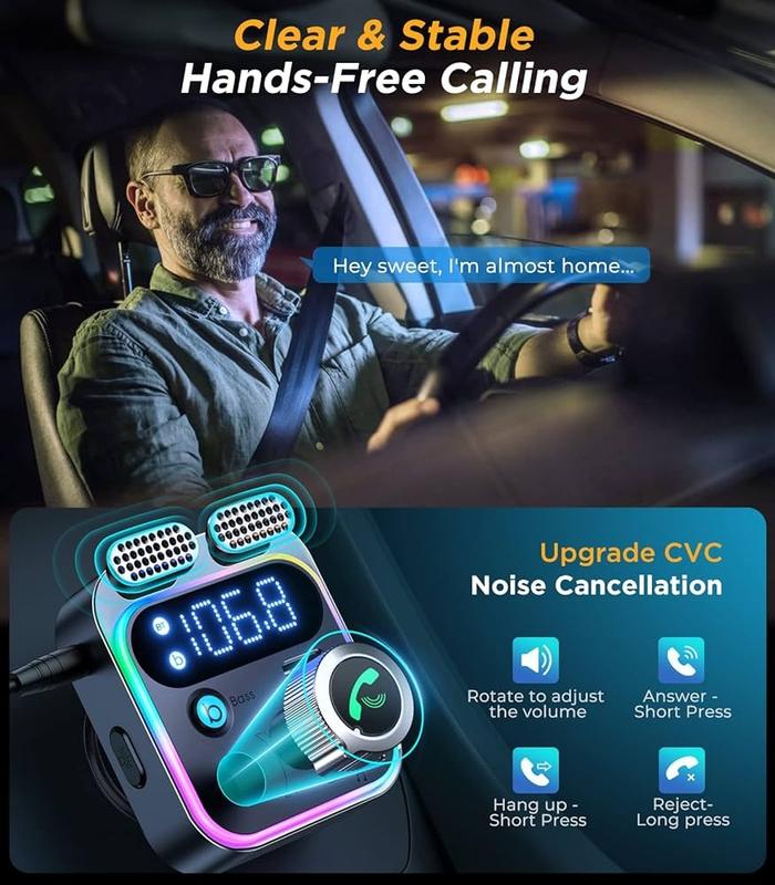 Wireless In-Car Bluetooth FM AUX Adapter [Noise Canceling] [Stronger Microphone LED Digital Display] 5.3 Bluetooth Car Adapter AUX  Transmitter Radio Adapter with PD USB Charger & MP3 Player Hands-Free Calling & Music Streaming 48W Fast Charge 6