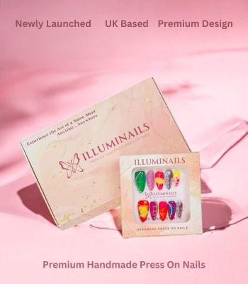 Product Introduction of L14**Celestial Chic** - Handmade Press On Nails, Salon Acrylic Gel Quality, 10pcs, False Nails, French Tips, Medium Almond, Good Quality, Long Lasting- Perfect for Christmas Gifts, Holiday, Vacation and Nail Art By Illuminails 0