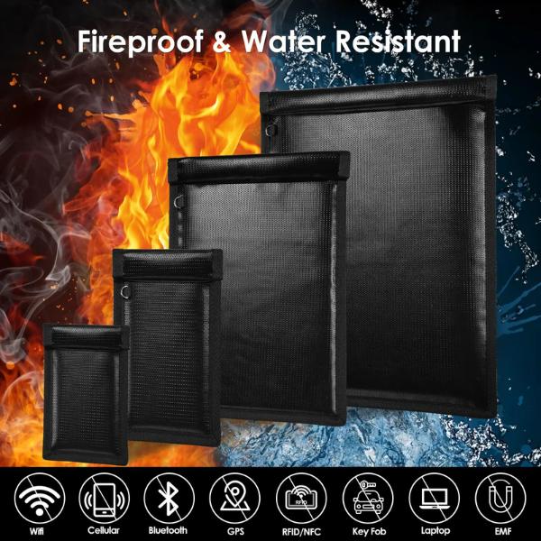 Product Introduction of Waterproof & Fireproof Farady Bags, 5 Counts Signal Blocker Bags, Anti-Signal Blocker  Bags, Storage Bag for Car Keys, cell phone, credit Cards, tablet and Laptop. Storage bag for Business Files 5