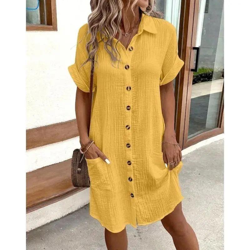 Fashionable Spring/Summer Minimalist V-neck Button Dress Elegant Women's Yellow Short Sleeved Flip Collar Pocket Shirt Dress Casual Womenswear