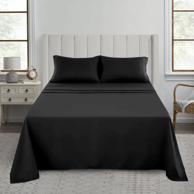 New Percale Flat Sheets 180 Thread Count Easy Care Soft Shrinkage Wrinkle and Fade Resistant Non Iron Fabric Polycotton Flat Bed Sheets (Black, Double) 3