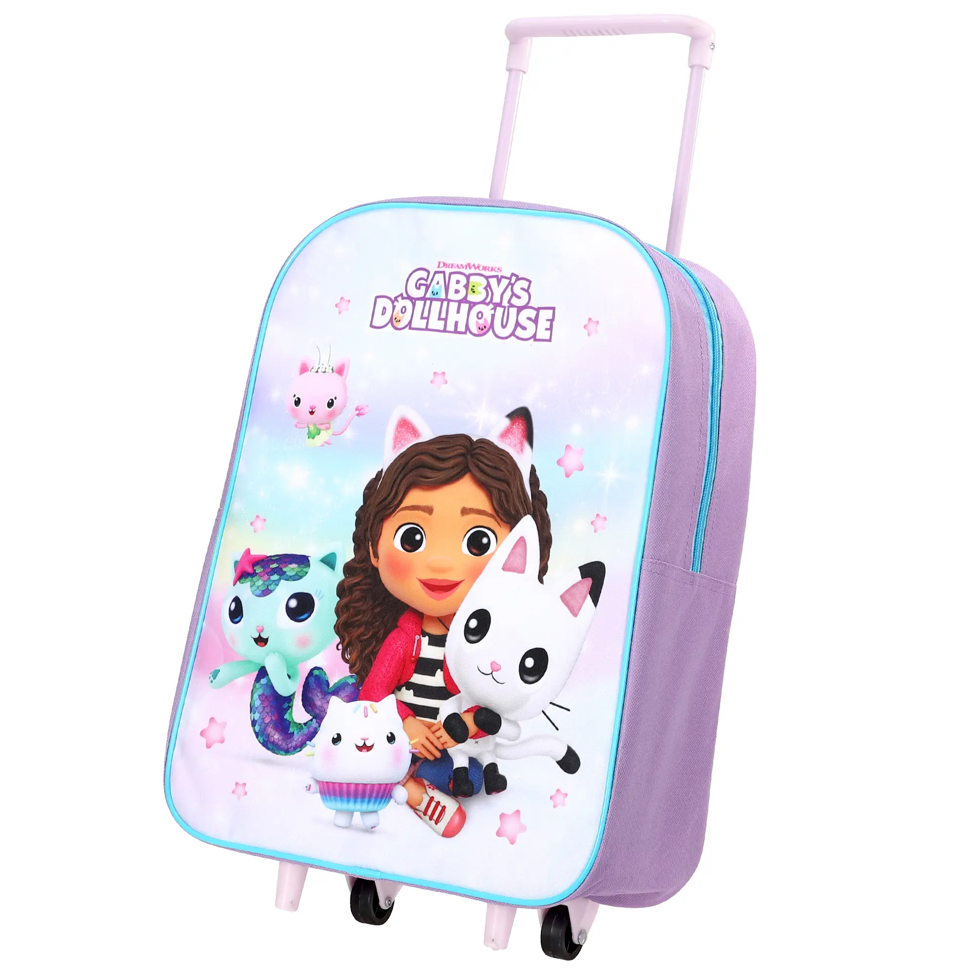 Gabby's Dollhouse Wheeled Standard Trolley Backpack Cabin Luggage Girls Purple