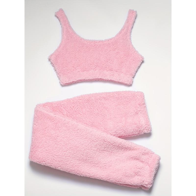 Solid Fuzzy Lounge Set, Warm Tank Crop Top & Elastic Waistband Pants, Women's Loungewear & Sleepwear 6