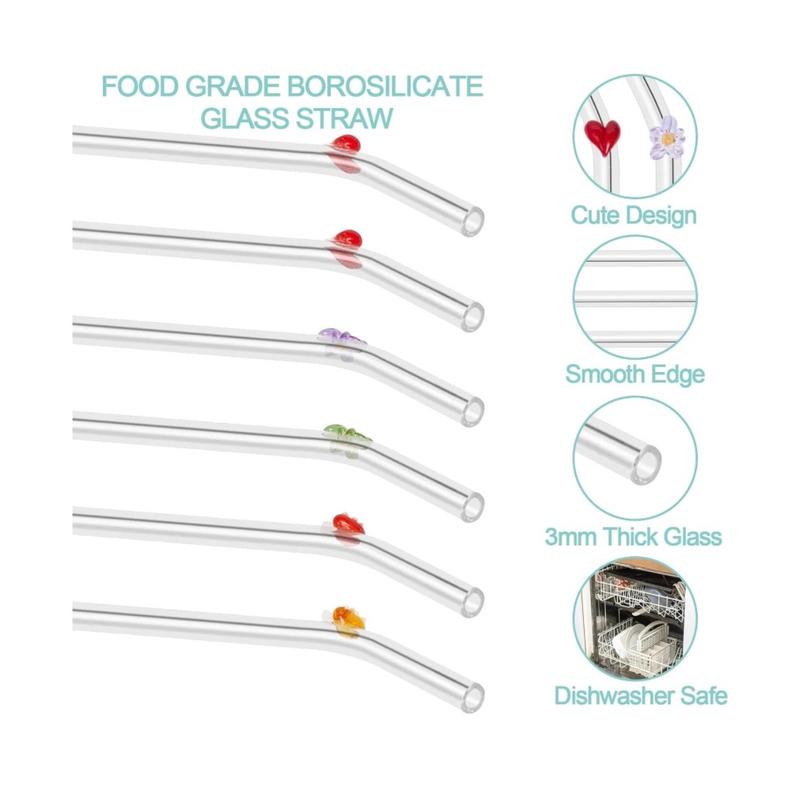 6pcs Heart, Flower & Mushroom Reusable Glass Straws with 2 Cleaning Brushes Shatter Resistance Eco Friendly (20cm) Drinkware 2