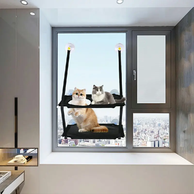 Cat Window Hammocks Sunny Seat Window Cat Perches Mounted Cat Bed with Suction Cups - Black Double Layers 5