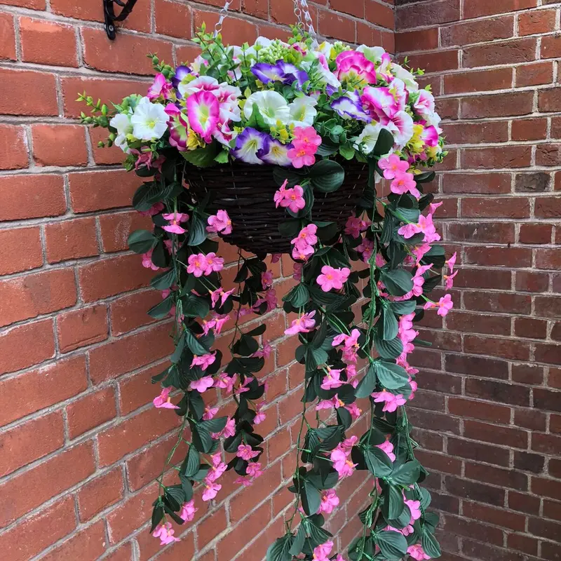 Large Handmade Morning Glory Petunia Trailing Flowers in Hanging Basket with Foliage Berries - 12 Inch Basket - Decorative, Decor Decoration Plants Nature 1