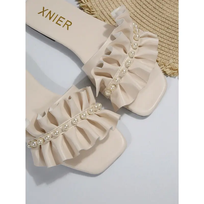 Women Faux Pearl Decor Ruffle Trim Flat Sandals, Fashionable Beige Slide Sandals For Summer Valentines 2