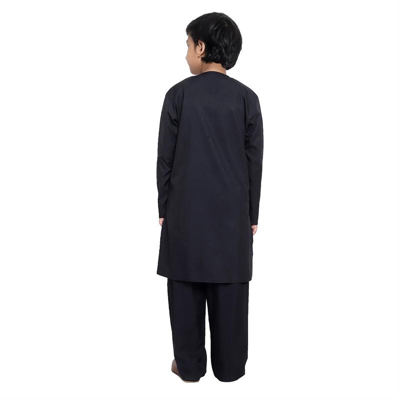 KIN-KG607-B - Boys Plain Kurta with Embroidery embellishment around neck and buttons area, comes with Shalwar. Ple 3