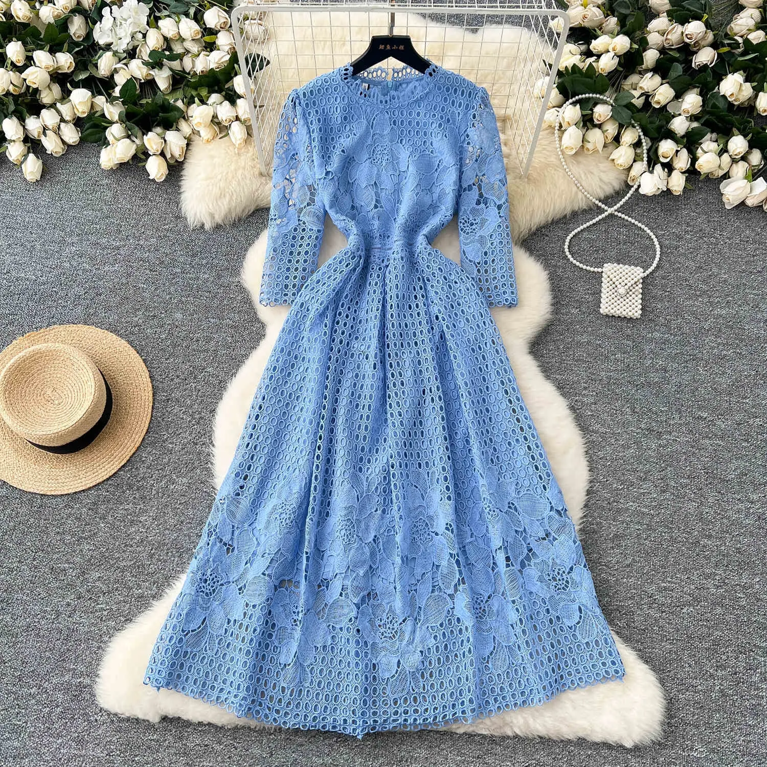 French Hollow Crochet Round Neck Elegant Dresses Women's Spring and Fall Dresses