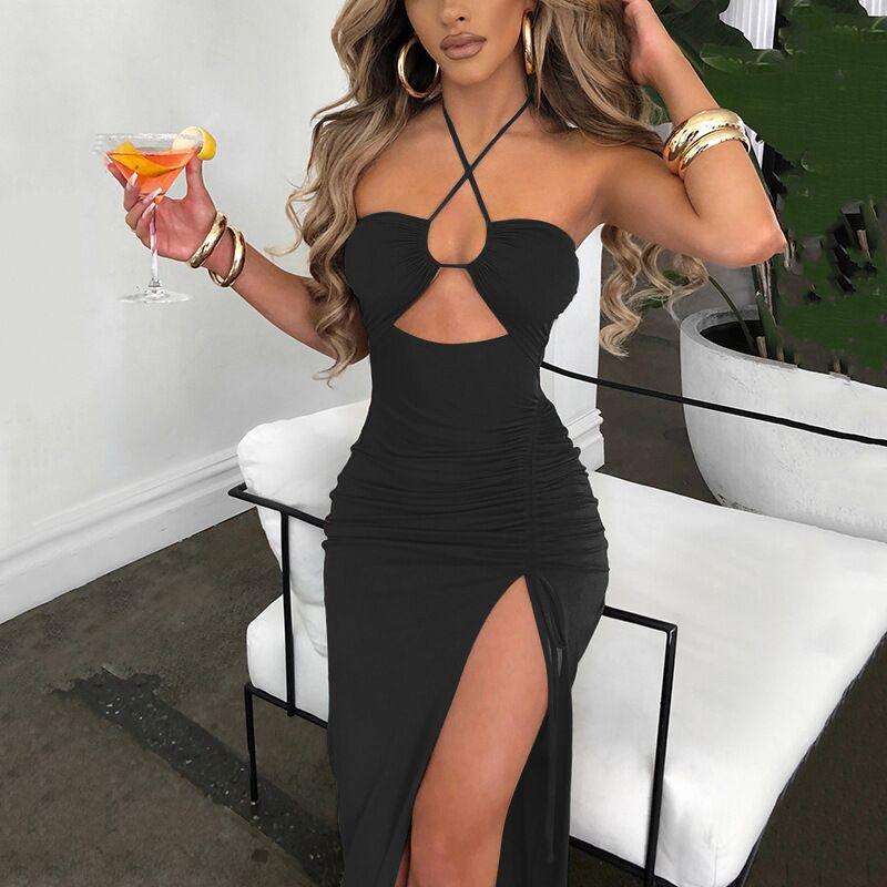 Product Introduction of 2025 hot selling style Women's plain Criss Cross Drawstring Ruched Split Thigh Bodycon Dress, Summer Dresses ,Backless Cut Out Halter Long Dress, Party Nightclub Clothes, Birthday Dress ,Sun Dresses ,Maxi Dress Fit  Stretchy 19