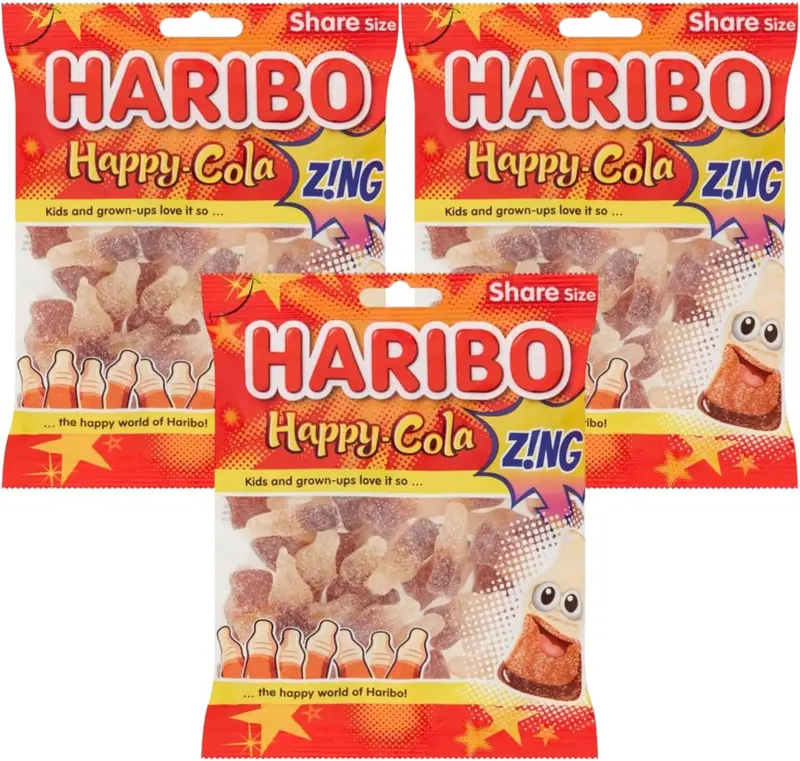 Haribo Happy Cola Fizzy Bottles Sugar Zing - Gummy Sweet Share Bag 1