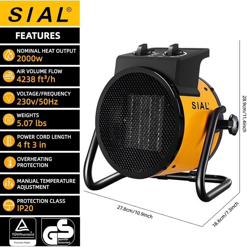 SIAL Portable Electric Heater 2000W Ceramic Fan Space Heaters 3 Settings & Adjustable Thermostat���Yellow） 3