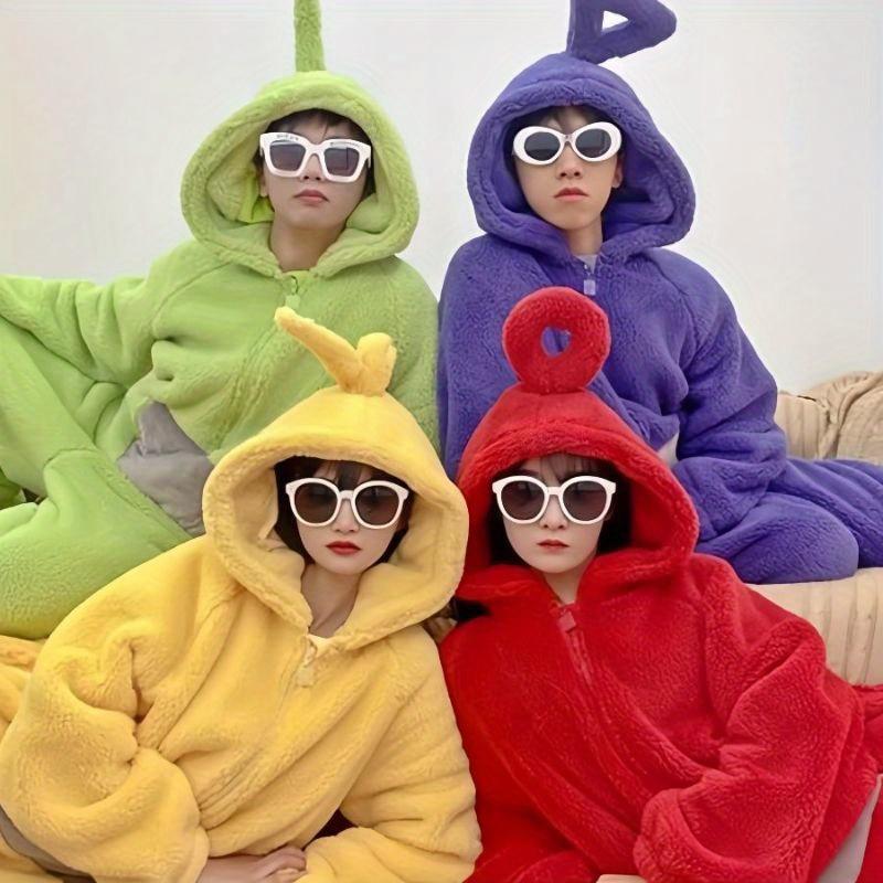 Teletubbies One-Piece Pajamas, Halloween Cartoon Role-Playing Loose One-Piece Hooded Jumpsuit Super Soft Flannel Adult Pajamas, Cute Cartoon Teletubbies Couple One-Piece Pajamas 1
