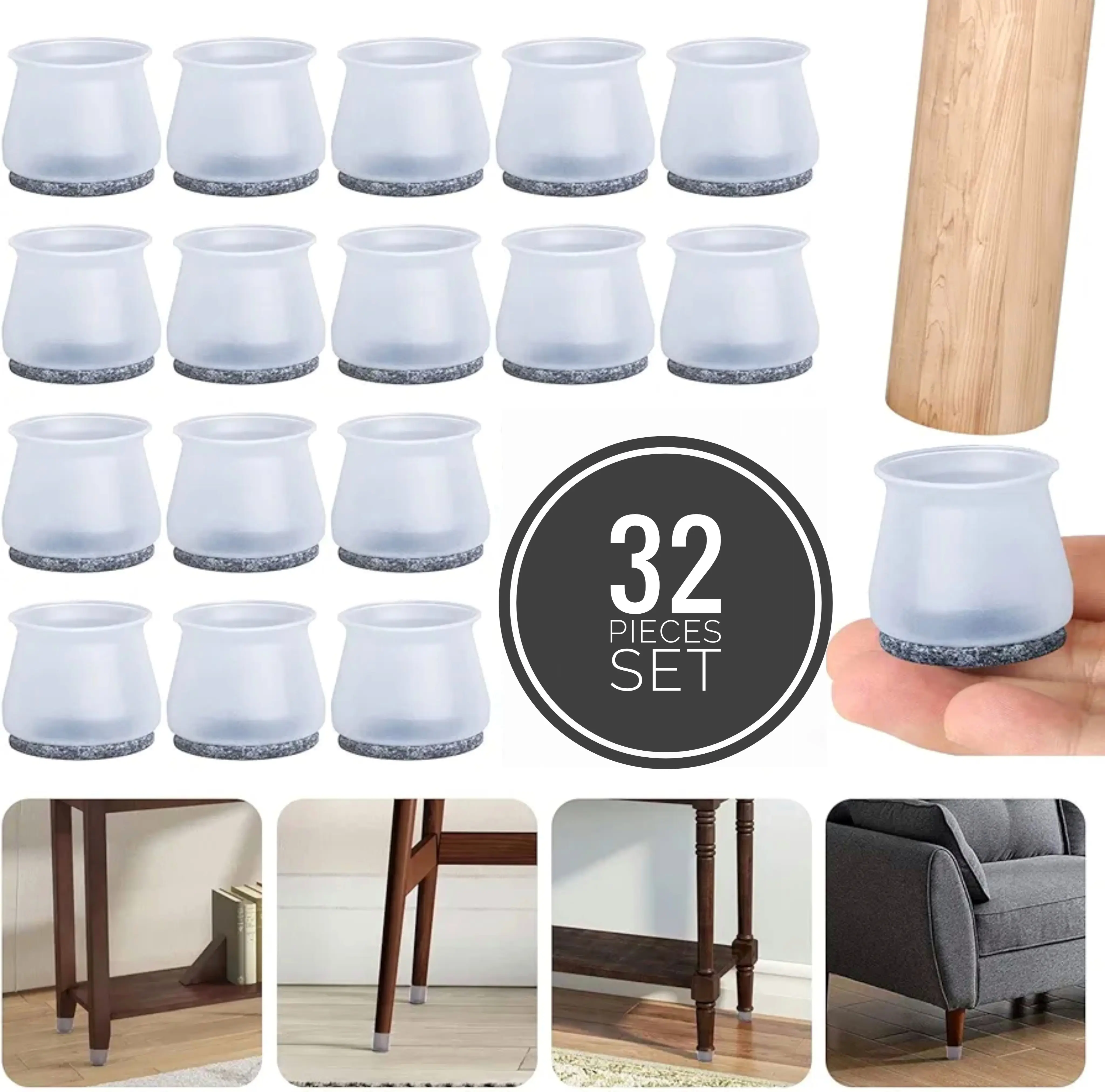 32 Pieces Chair Leg Cover Floor Protectors – Non-Slip Furniture Leg Covers to Prevent Scratches, Scuffs & Noise, Ideal for Hardwood, Tile & Laminate Floors, Easy to Install, Universal Fit for Most Chair Legs Set 24-40mm