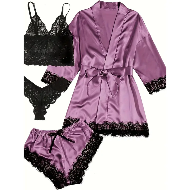 Elegant Satin Breasted Set With Lace Contrast, Three-Quarter Sleeve Gown With Belt And Camisole Bra And Trousers And Elastic Shorts, Home Wear For Women Womenswear Lingerie 2