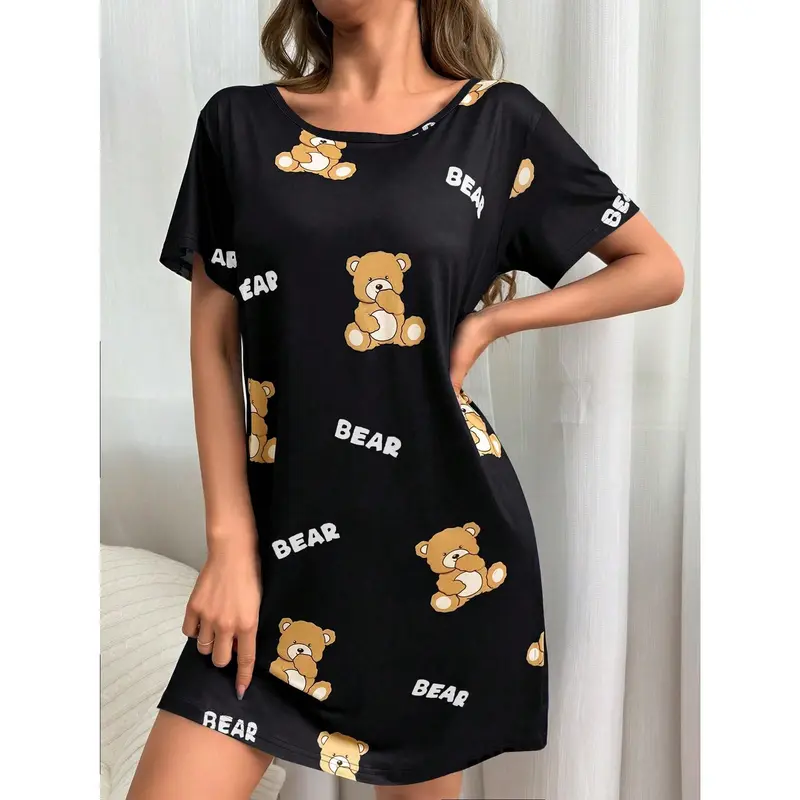 Women's Fashionable Cute Bear & Letter Printed T-Shirt Sleep Dress Pajama Dress Fabric Fit Loungewear Shortsleeve Nightwear Womenswear Day Homewear Pjs Black 3