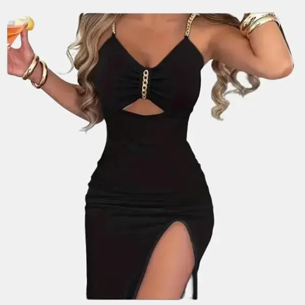 Sleeveless Women Sexy Chain Strap Minimalist Cut Out Dress| Chain Detail Slit Thigh Party Fabric Shoulder Cut Out Bodycon Fit Dress Elegant V Neck Solid Formal Women wear, Workwear Basic Outdoor Womenswear Suit Polyester Comfortable Formal Elegance Style
