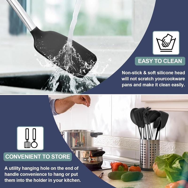 Product Introduction of Kitchen Utensils Set, 6-Piece Silicone Cooking Utensil Set, Heat Resistant Stainless Steel Handle Cooking Tools, Non-Stick Silicone Spatula Turner Spoon Set, Easy to Clean - Black 1