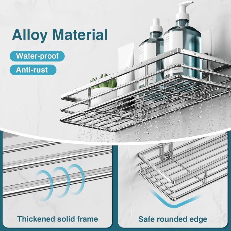 Product Introduction of Shower Caddy 2Pack No-Drilling Organiser Bathroom Caddy Shower Storage Bathroom Shelf Rack Bathroom Accessory Shower Holder with Adhesive Silver 11.8 x 4.3‘’ 1