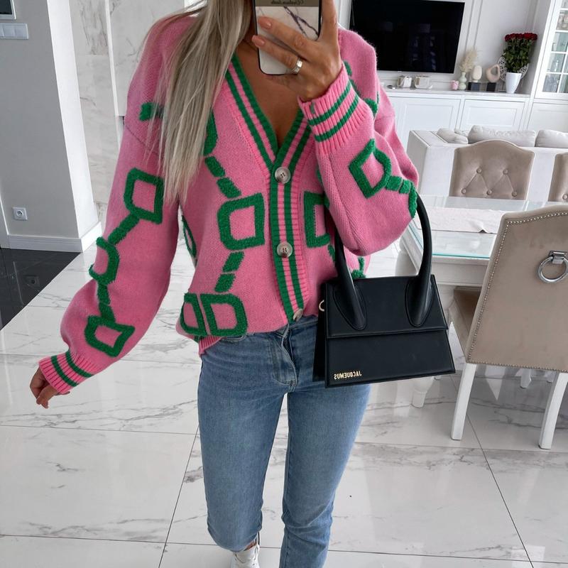 Women's Colorblock Contrast Binding Button Front Cardigan, Casual Drop Shoulder Long Sleeve V Neck Cardigan Sweater for Winter  & Fall, Ladies Knitwear for DailyWear, Workwear, Preppy 80s Clothes 1