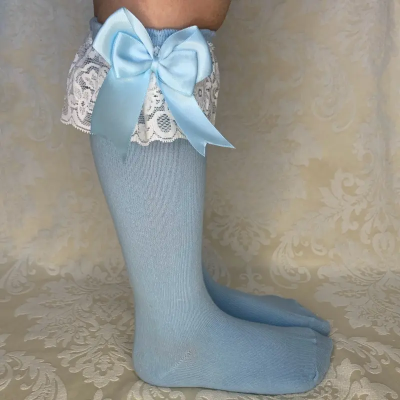PERFECT PRINCESS Baby Blue Lacey Spanish Bow Knee High Frilly Socks Baby/Girl/Lace