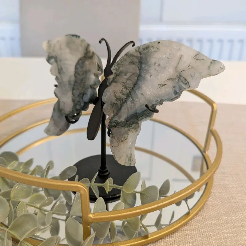 Stunning Moss Agate Butterfly Wings with Stand 1