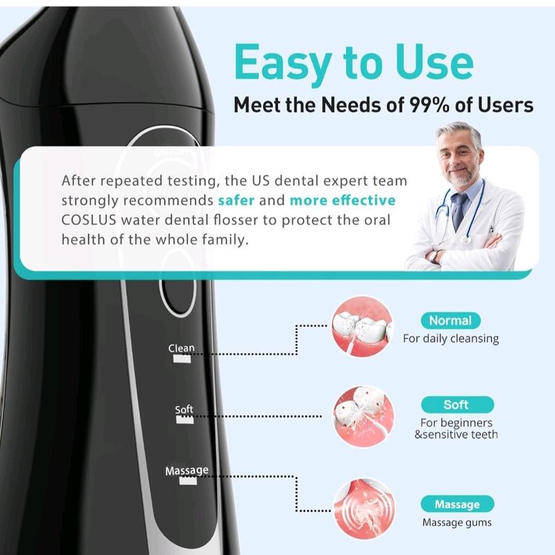 Water Dental Flosser for Teeth Cordless: COSLUS Portable Oral Irrigator 300ML 5 Jet Tips Rechargeable Tooth Flosser Teeth Braces Pick IPX7 Waterproof Irrigation Cleaner for Travel Home Battery Powered Adjustable Nozzle Gift 1