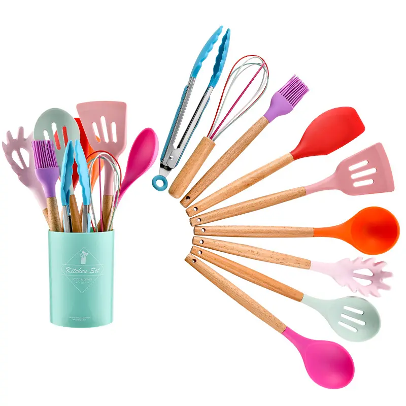 Silicone Kitchen Utensil Set,5pcs Non-stick Cookware Set with Storage Bucket,Kitchen Cooking Spatula & Spoons Set,Kitchen Accessories,Summer for Gift Pasta Plastic Bpa Handles Pan Tear Wood Wooden le creuset pink Colorful 13 pcs Black 1