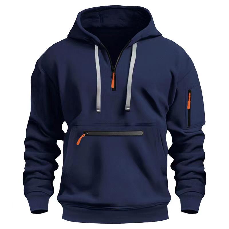 Men's Solid ColorHalf-Zip Design Long Sleeve Casual Hooded Sweatshirt With Kangaroo Pocket For Fall/Winter Casual Daily Wear 7