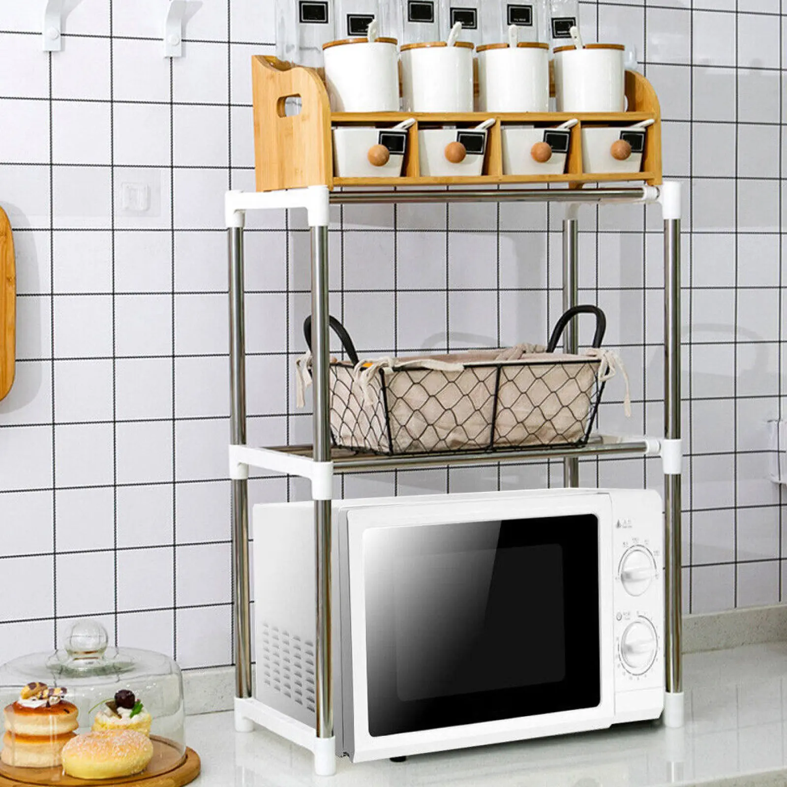 Stainless Steel Microwave Shelf with 4 Hooks, Expandable 2 Tier Oven Storage Rack for Kitchen Countertop, Space Saver Organiser