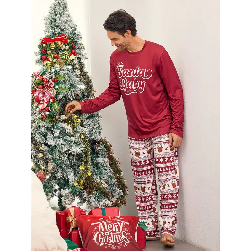 2pcs Men's Burgundy Simple Christmas Element All Over Print Long Sleeve Pajama Set, Comfortable Loungewear Menswear Nightwear Pants Stretch 5
