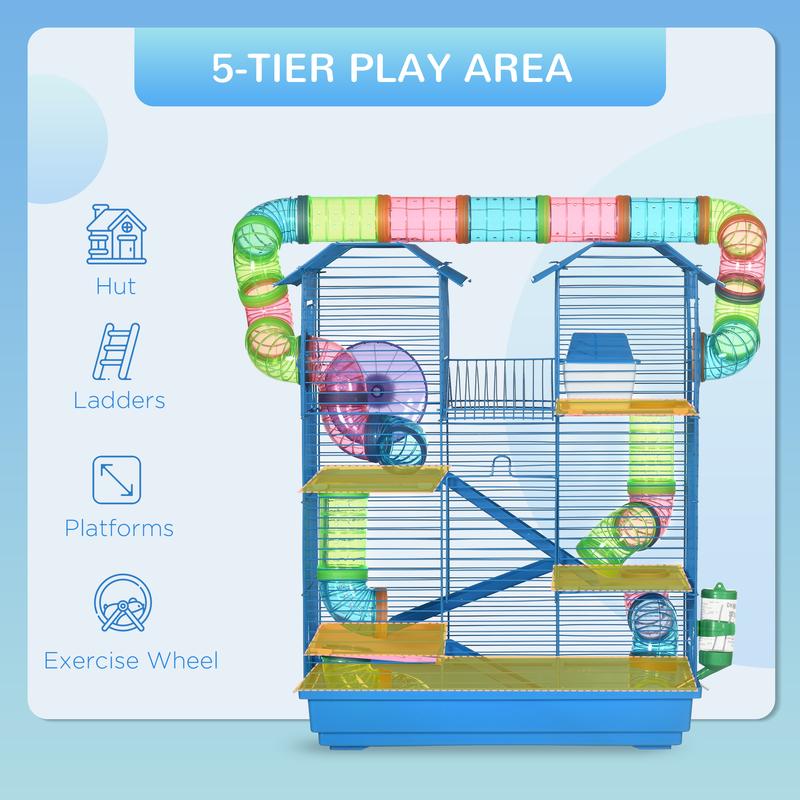 PawHut 5 Tier Hamster Cage Carrier Habitat with Exercise Wheels Tunnel Tube Water Bottle Dishes House Ladder for Dwarf Mice, Blue 3