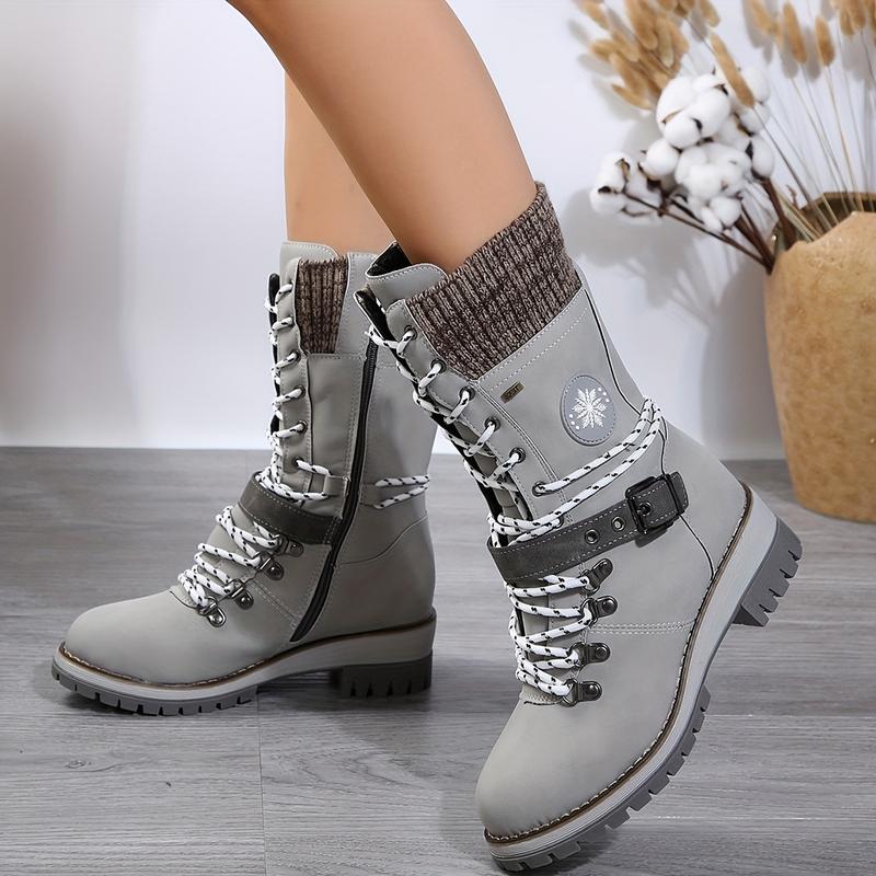 Product Introduction of Stylish Knitted Mid-Calf Boots - Trendy Solid Color Winter Boots with Side Zipper, Buckle Belt, and Non-Slip Sole for Women - Perfect for Cold Weather and Casual Occasions 1