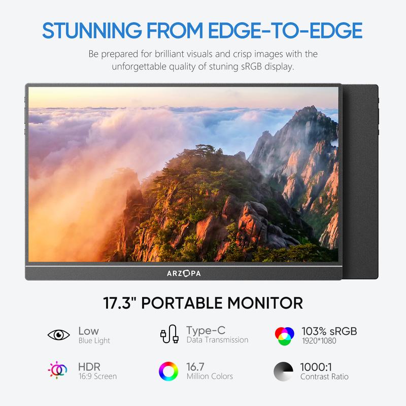 ARZOPA Portable Monitor A1M 17.3 Inch 1920×1080 FHD, 100% SRGB 60Hz IPS Monitor Screen with HDMI/Type-C/USB-C, Eye Care Gaming Portable Screen, Dual Built-in Speaker for Laptop/PC/Mac/PS3/PS6/Xbox/Phone, Newyear gift 2