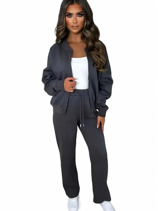 Love On Replay Bomber Jacket And Straight Leg Jogger Loungewear Set Casual Comfort Fabric Womenswear Fashion Adjustable Breathable Chic Comfortable Clothing Day Drawstring Everyday Pockets Polyester Ribbed Soft 3