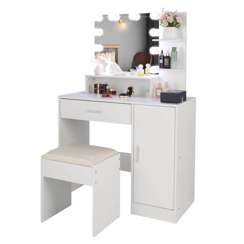 Large Vanity Set with LED Bulbs – Makeup Table with Stool, Storage Shelves, Drawer, and Cabinet – Perfect for Women and Girls, White 7