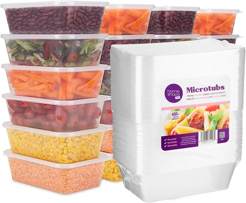 HOMESHOPA 650ML  Microwave Food Containers 25 or 50Clear Plastic Tubs with Lids Safe Takeaway Quality Kitchen Rectangular Utensils clear  takeaway Disposable 4