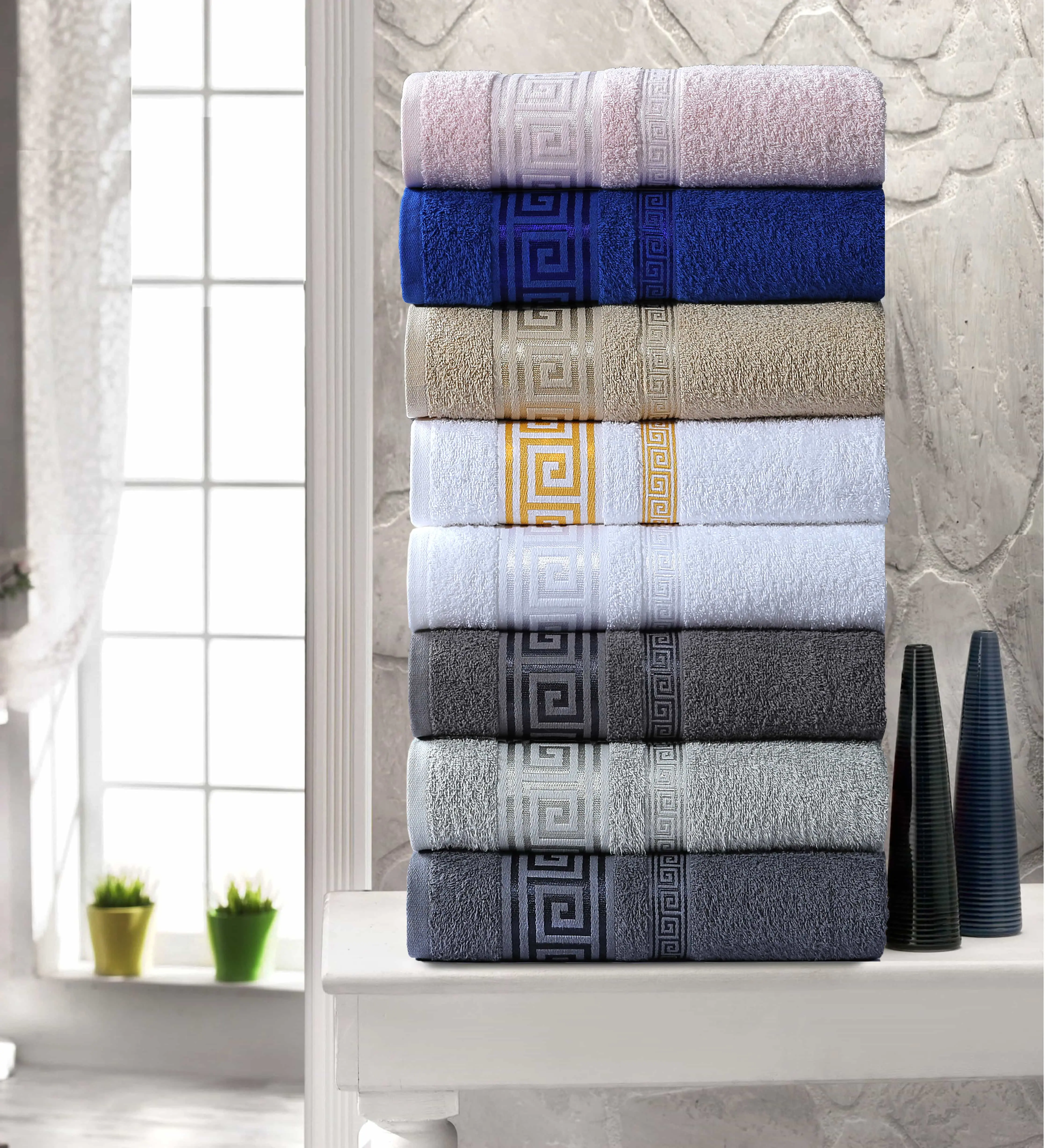 Metro Log 100% Egyptian Cotton, Face Towel, Hand Towel, and Bath Sheet Set with Greek Border Design - Gold & Silver- Towels for Everyday Use Unisex Resistant big  towel
