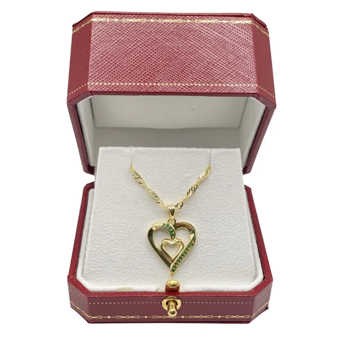 Dubai Gems Yellow gold finish double heart green emerald created diamond necklace free gift