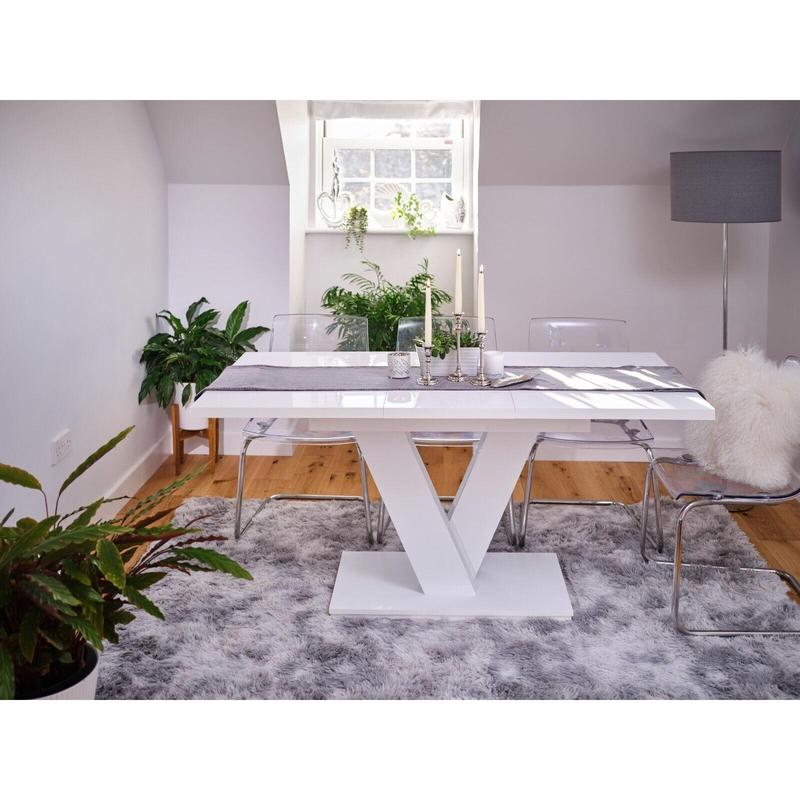 White Gloss Dining Table Small Kitchen Extending 120-160cm V Leg 6-8 Seats Masy 2