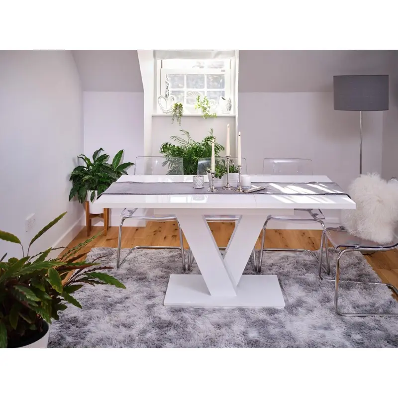 White Gloss Dining Table Small Kitchen Extending 120-160cm V Leg 6-8 Seats Masy 1
