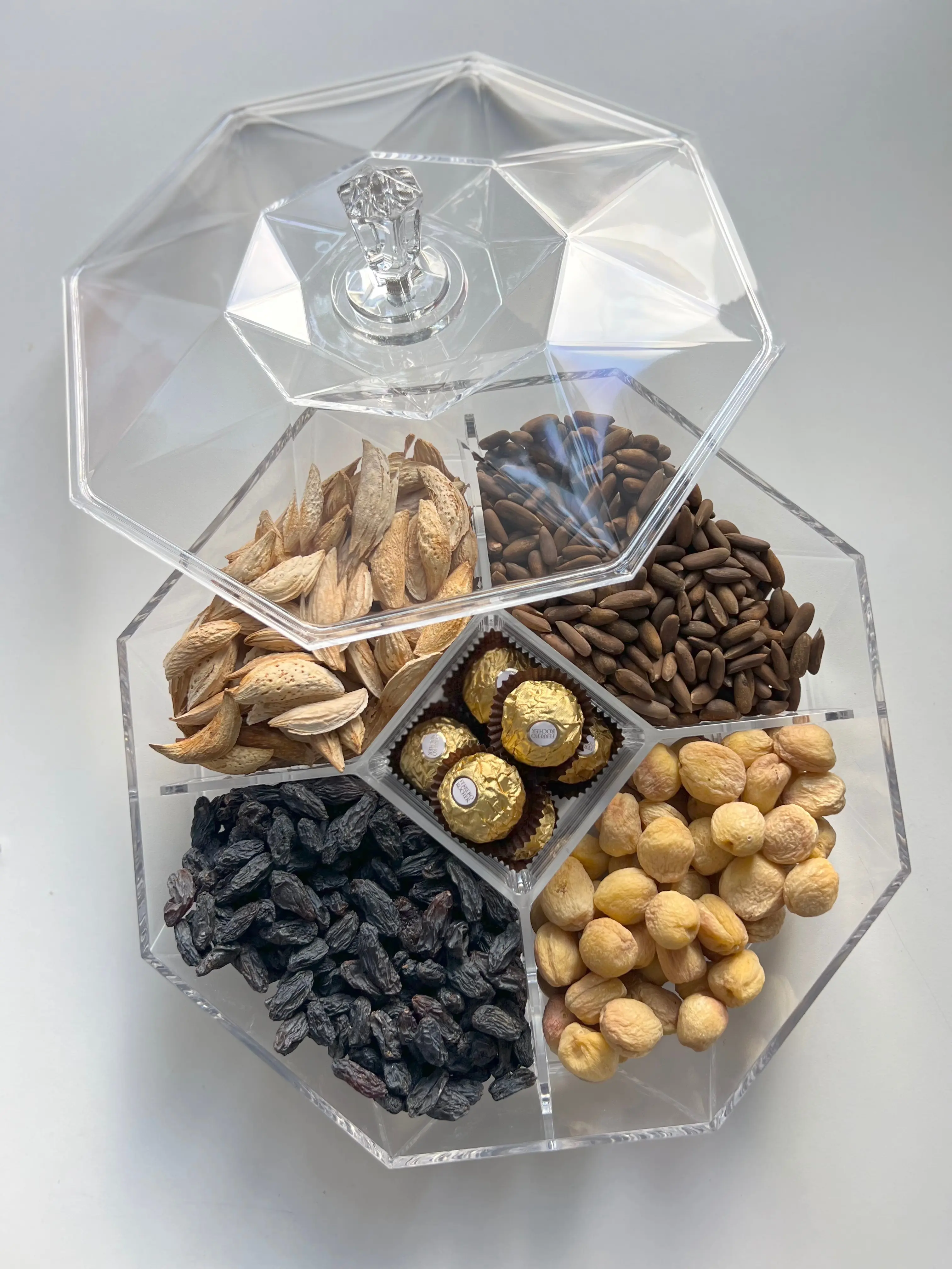 SENZALLA Dry Fruit Box With Lid Highly Transparent Multisegment Tray Use for Dry Fruits, Nuts and Candies Large Size Geometric Shape Clear Rock Containers
