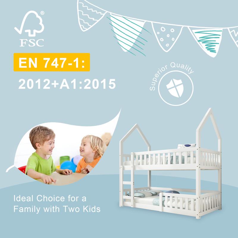 BTM Luxury UK New Bunk Bed Twin Sleeper Bed with Ladder, Solid Wood Frame 3FT Single bed, Gaming Bed, Castle-shaped Bed 90 x 190 cm Children's Bed room Furniture, Wooden Bed Frame for Kids Children 6