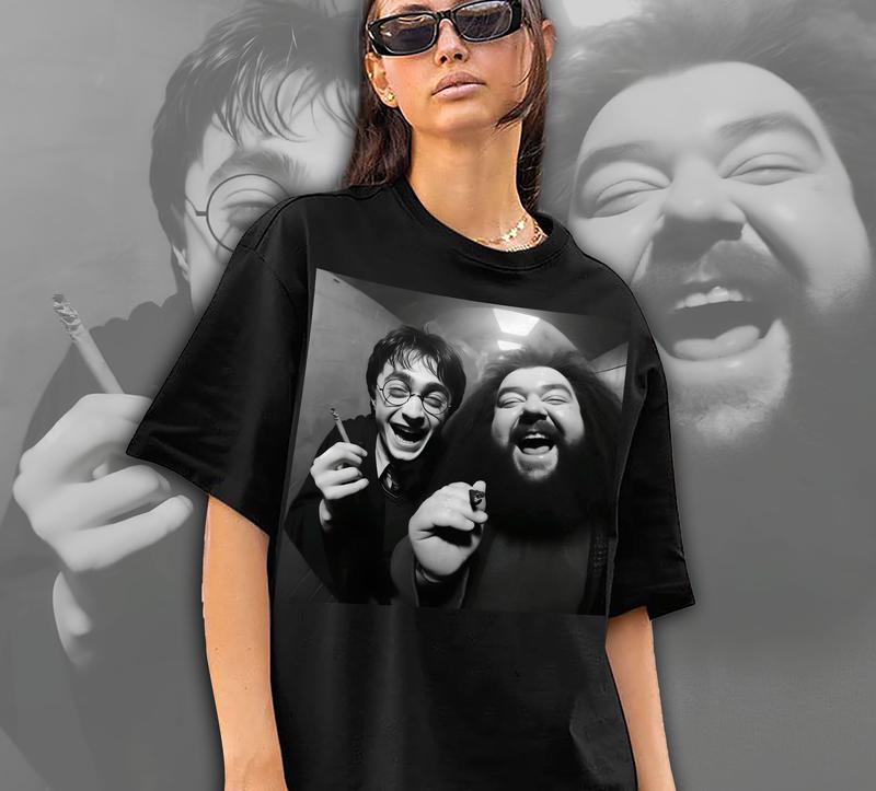 Funny Shirt, Harry And Hagrid Selfie T shirt, Potter Cctv Meme Tshirt, Black And White Wizard Tee Cotton Menswear Top Streetwear 4