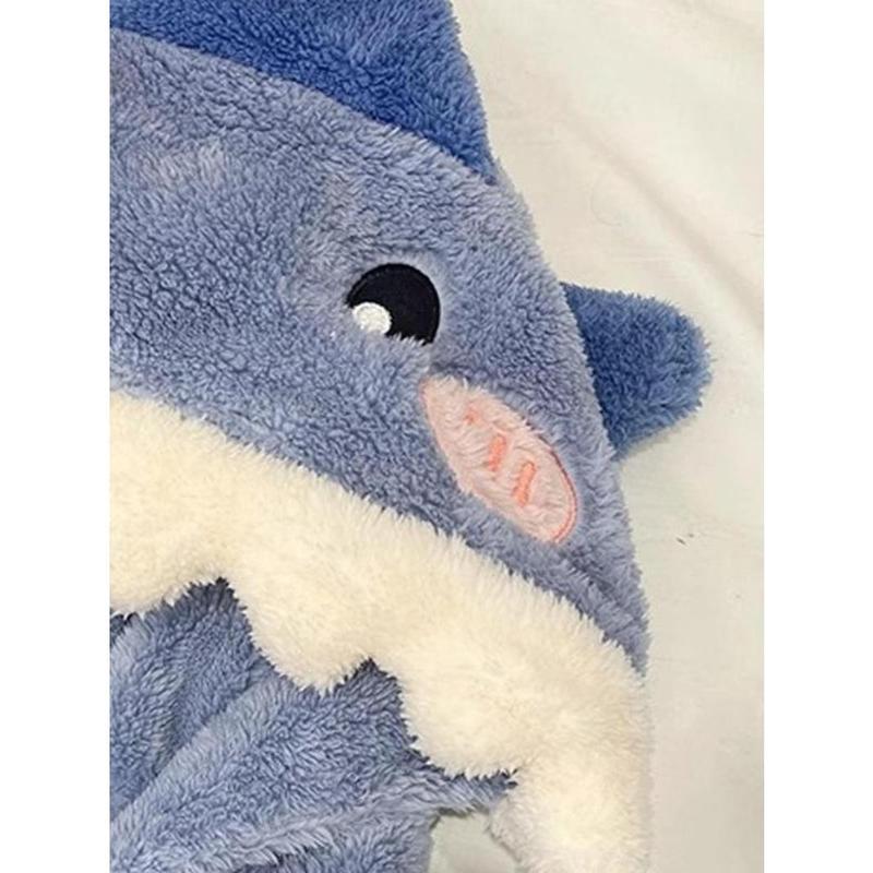 Women's Cartoon Shark Design Pocket Drop Shoulder Plush Loungewear Onesie, Casual Cute Long Sleeve Hooded PJ Onesie for Fall & Winter, Lady's Sleepwear for Indoor Wear, Boo Basket Items for gf 6