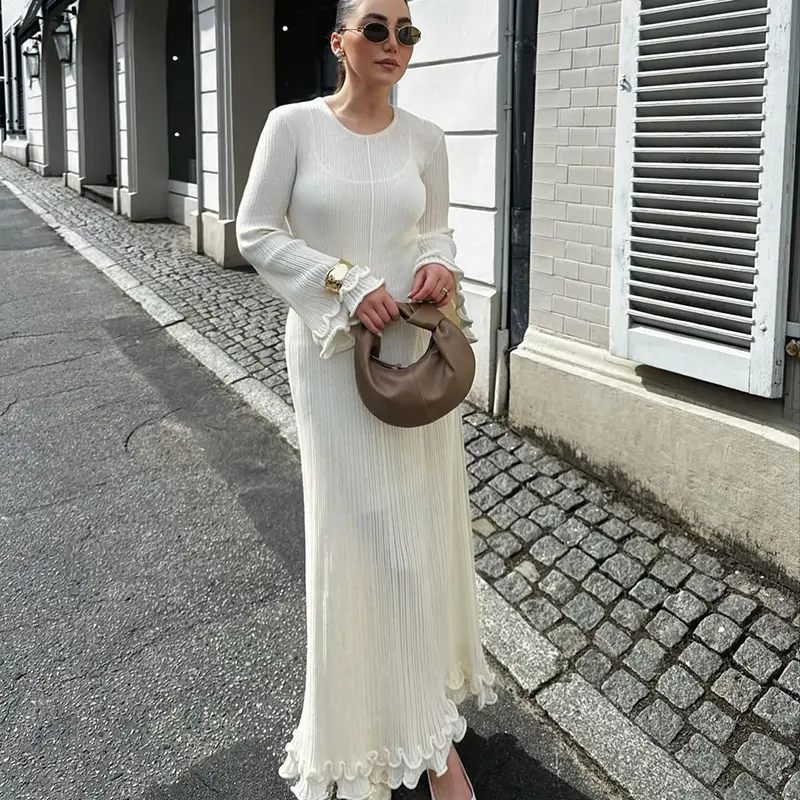 Female Streetwear Outfits Ruffles Pleated Long Dress Women Autumn Winter Fashion White O Neck Flare Elegant Party Dresses
