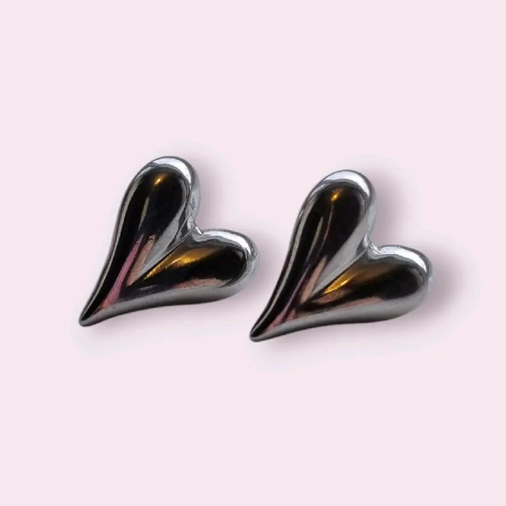 Puffy Stainless Steel Silver Heart Chunky Earrings for Women