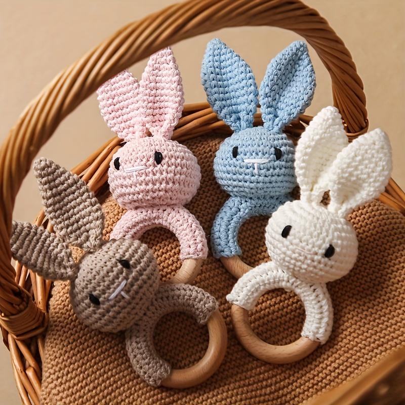 Crochet Rabbit Baby Rattle, Cute Rabbit Grasping Toys, Baby Gnawable Wooden Hand Rattle, Hand Rattle Toy Gift Box, White Pink Blue Brown, with Christmas & Easter Gift 0